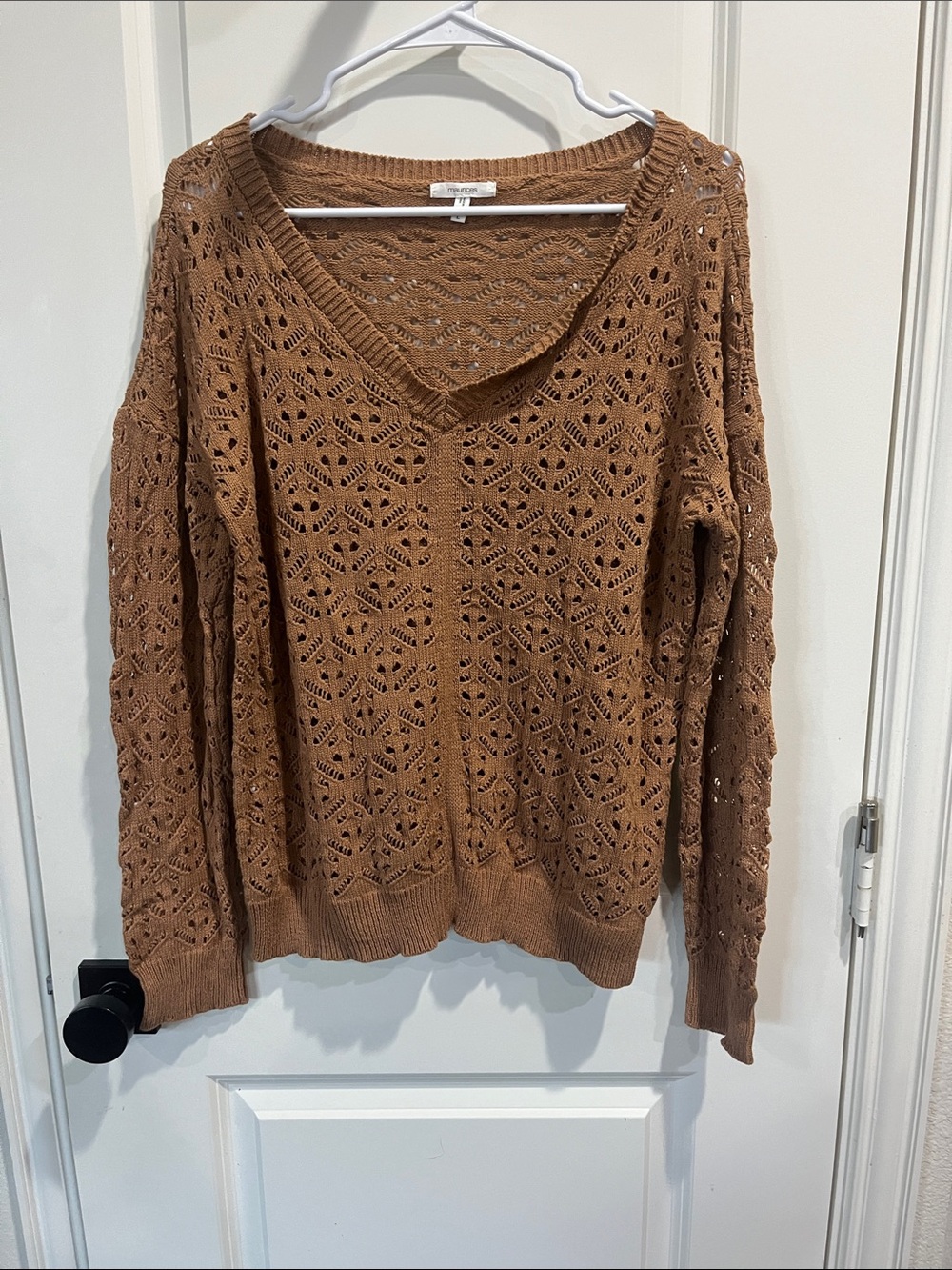 Maurices Open-Knit V-Neck Sweater in Camel Brown